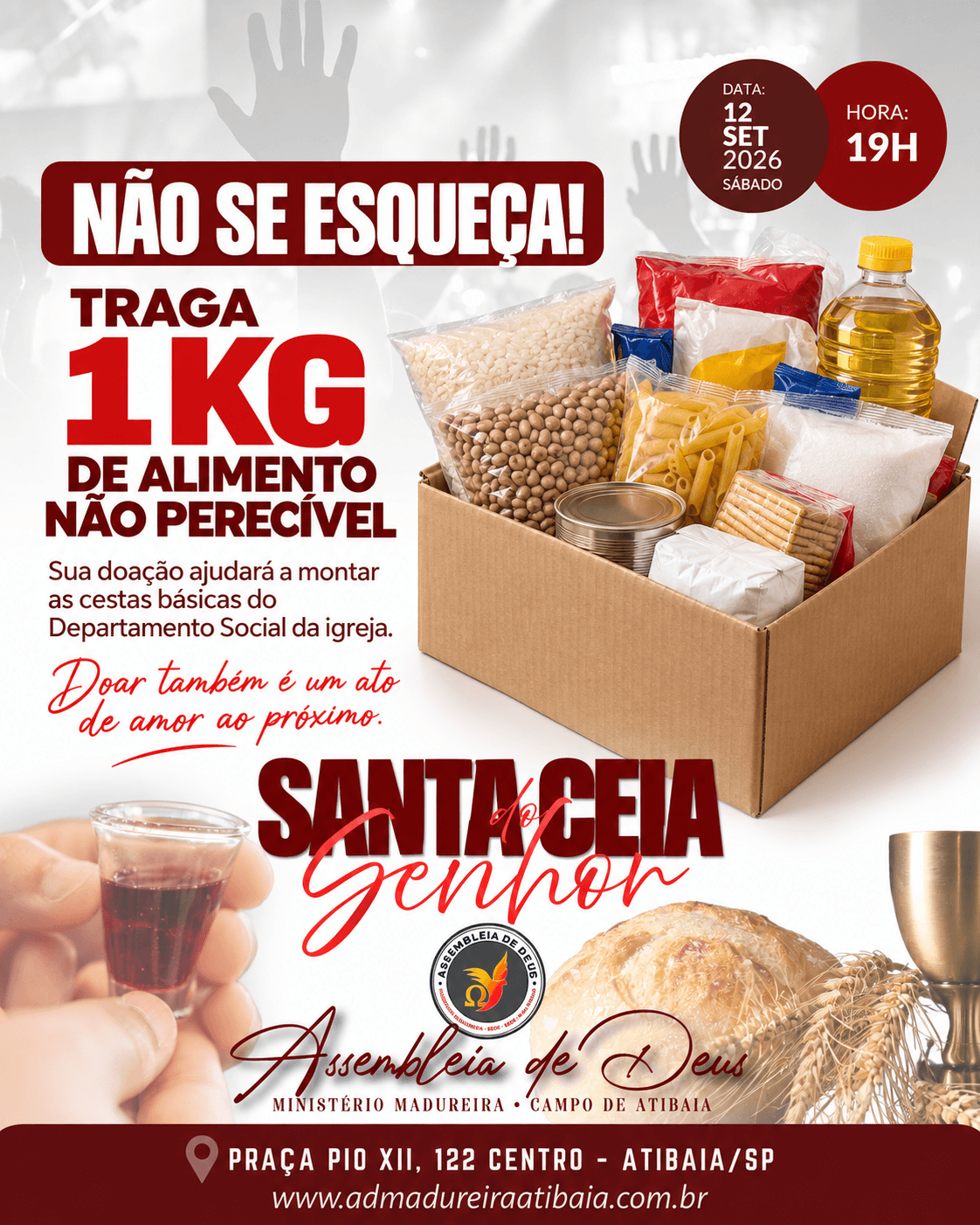 Arte da campanha de arrecadação de alimentos: traga 1 kg de alimento não perecível para as cestas básicas do Departamento Social da igreja