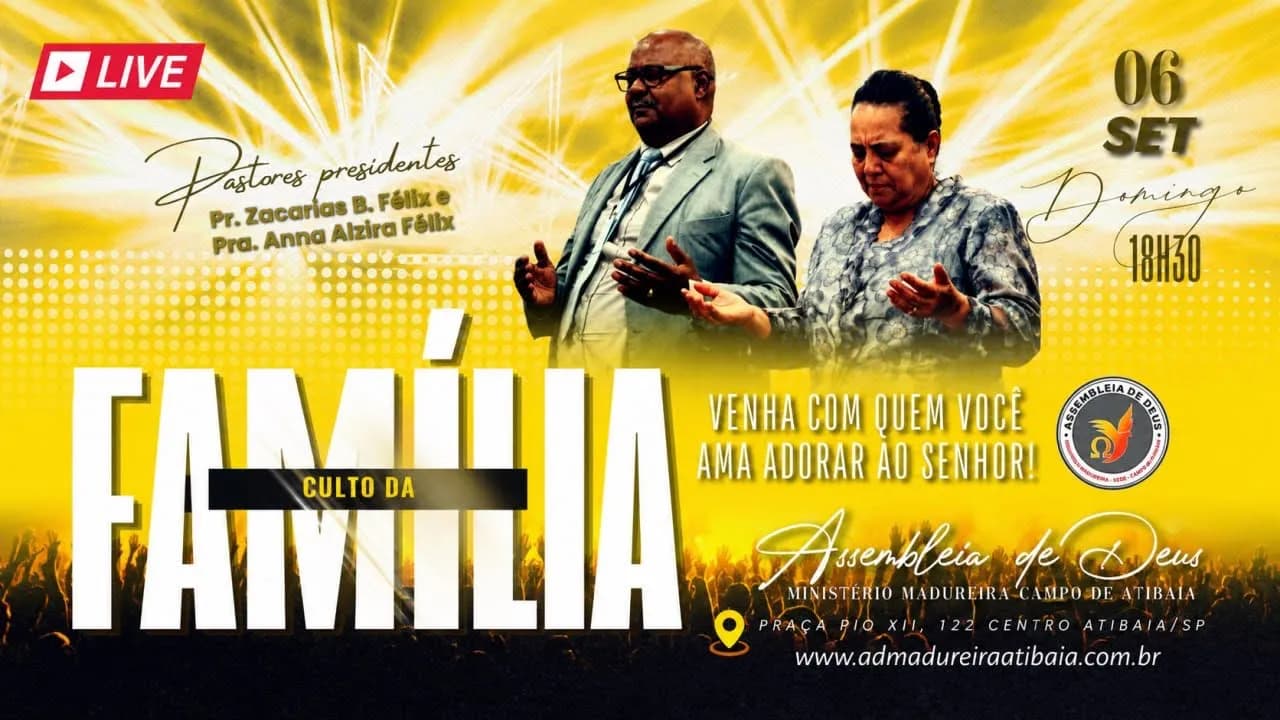 🔴 CULTO DA FAMÍLIA AO VIVO | 06/09/2026 | Pr. Zacarias B. Félix e Pra. Anna Alzira